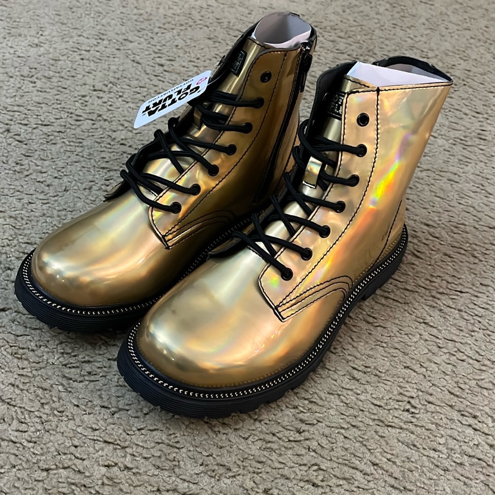 Iridescent/holographic gold combat boots, new in box, size 8